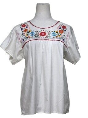 Embroidered White Floral Peasant Top - Women's